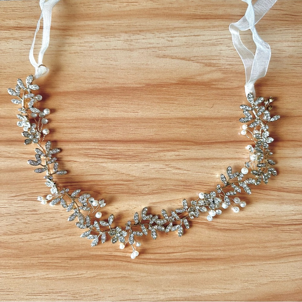 Bridal Headband Rhinestones Gold Floral Crystals Ivory Ribbon Tie Adjustable